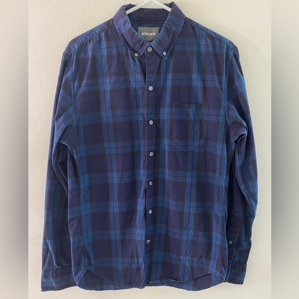 Bonobos Mens Shirt Long Sleeve Button Front Slim Fit Blue Plaid Medium